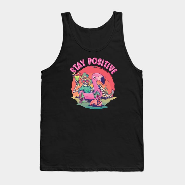 Funny Stay Positive Skeleton at the Beach Motivational Tank Top by Graphic Duster